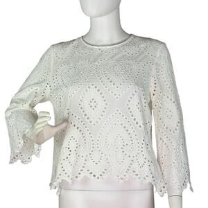 Wayf Eyelet Blouse Bell Sleeve Fairy Hearts Beach Boho White Cotton Sz L